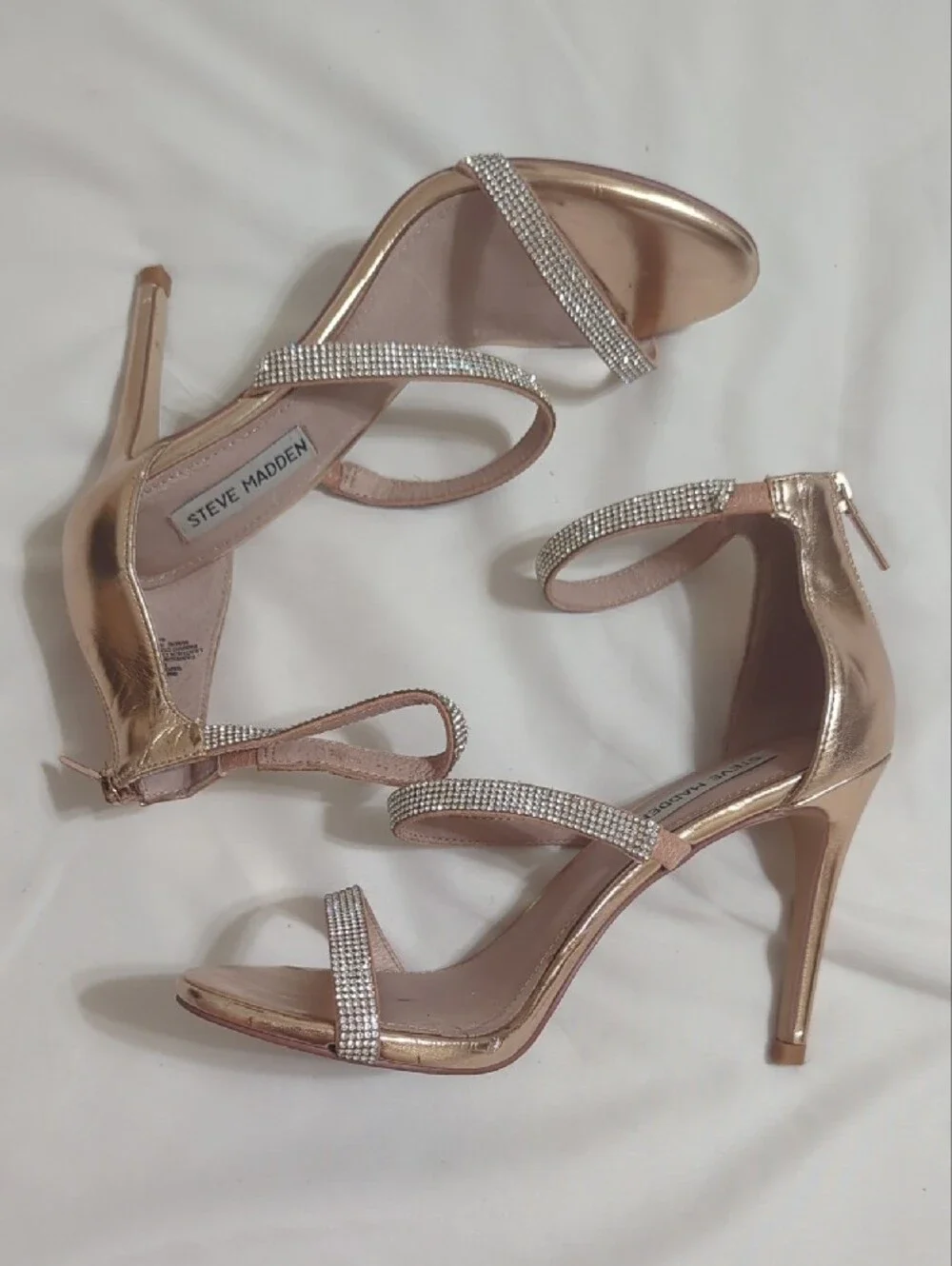 Steve Madden Smokin Rhinestone Ankle Strap Heels, Color Rose Gold Size 6.5